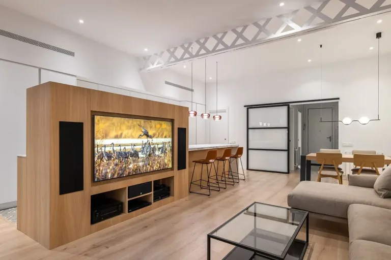 Sala de estar espaciosa con mueble divisor