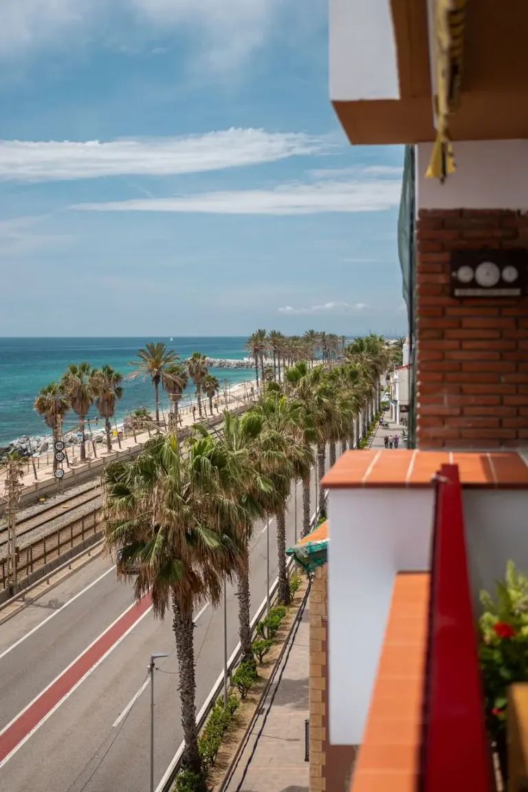 Vista de balcón con palmeras y playa al fondo