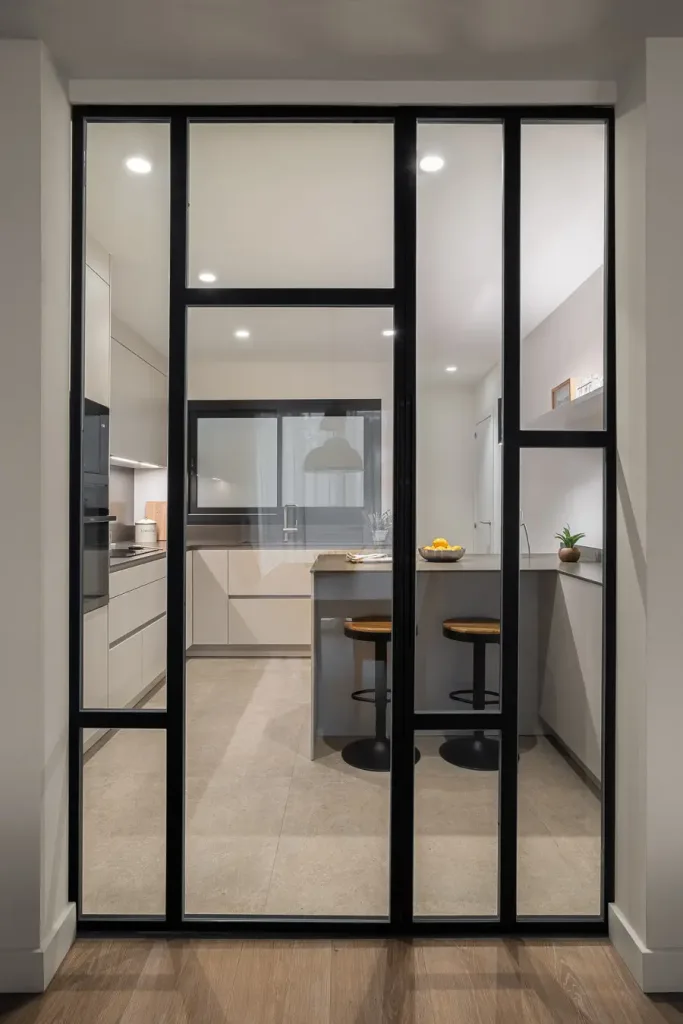 cocina contemporanea vista a traves de puertas correderas de cristal