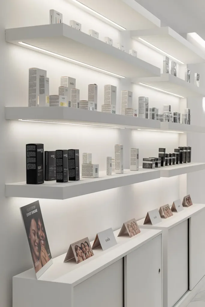 estante iluminado con productos de belleza en tienda moderna (1)