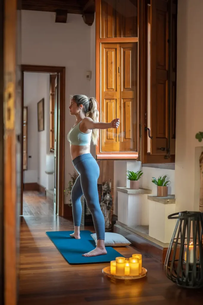 mujer haciendo yoga en interior acogedor
