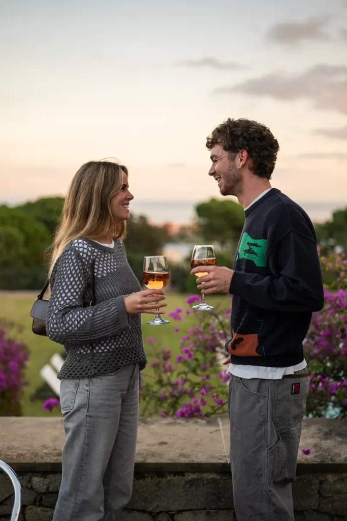 pareja brindando en terraza al atardecer