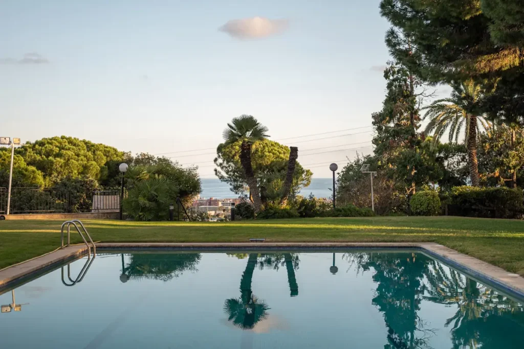 piscina reflejando arboles y cielo