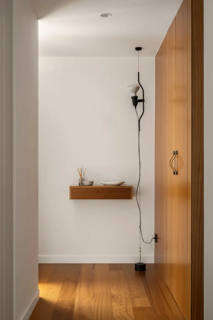 recibidor minimalista con luz suave y detalles madera