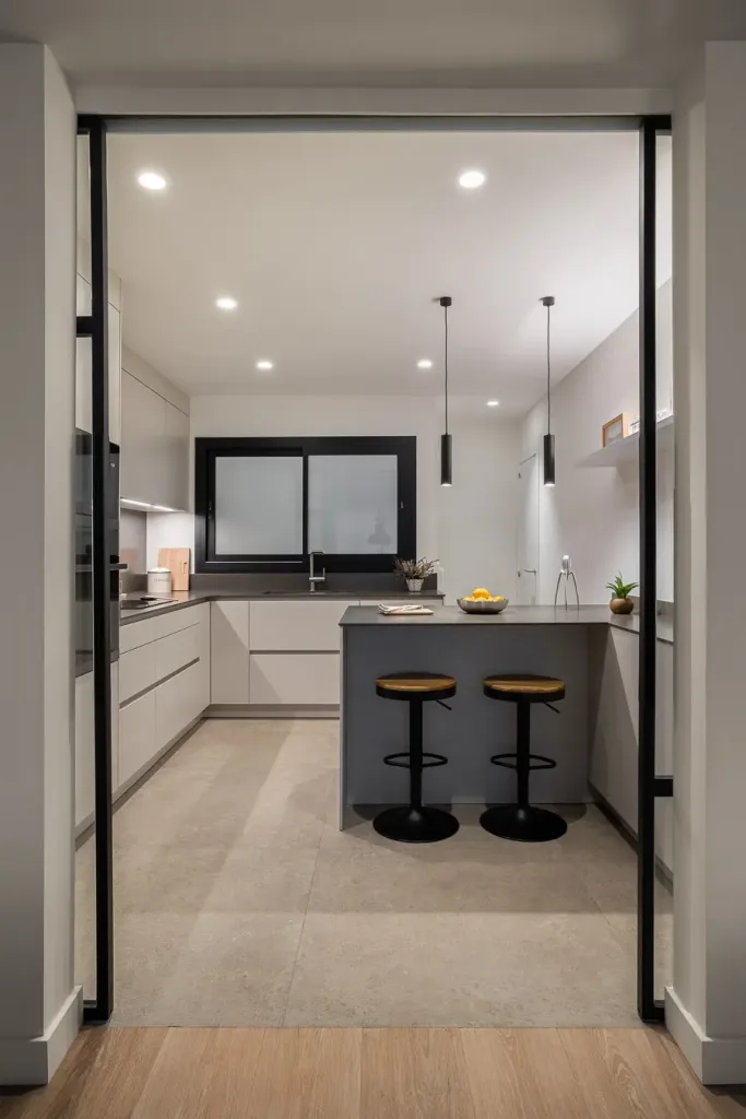 vista desde la puerta de una cocina moderna con isla central y taburetes