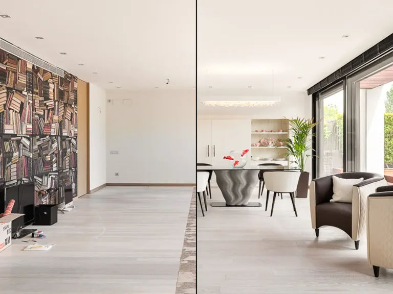 collage que muestra el estado del piso antes y despues de la reforma