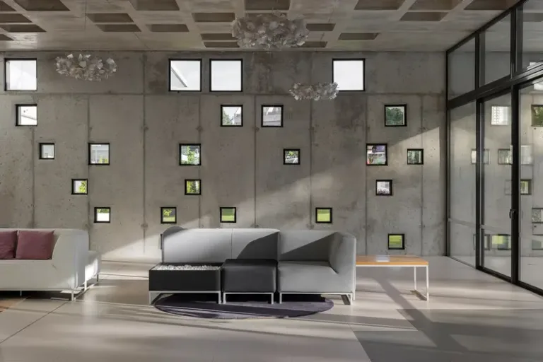 vestibulo espacioso de un hotel con muebles y paredes minimalistas modernas Ibiza