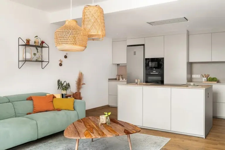 Elegant and cozy living room with natural light and minimalistic decor