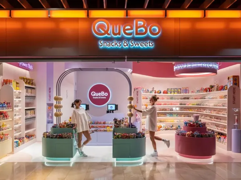 Tienda QueBo Snacks Sweets con dos mujeres explorando dulces y snacks coloridos cr min