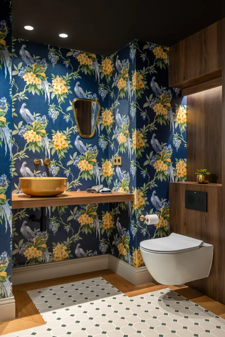 Bano elegante con papel tapiz floral lavabo dorado y espejo ovalado