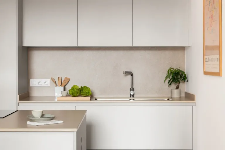 Detalle de una cocina moderna con encimera de piedra grifo de acero inoxidable utensilios de madera y plantas verdes