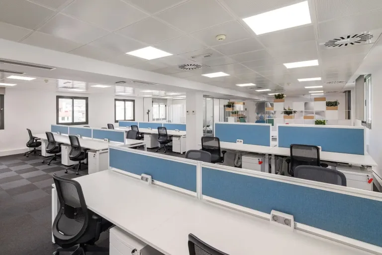 muchas mesas y sillas en una oficina abierta con divisores de area de trabajo de escritorio azul