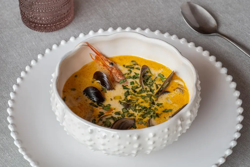 Sopa cremosa de mariscos en un elegante cuenco blanco sobre mantel de lino gris con cuchara al lado