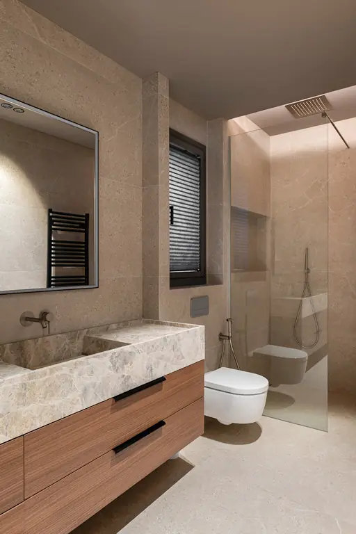 bano moderno con mueble de madera lavabo de piedra y ducha de cristal 1