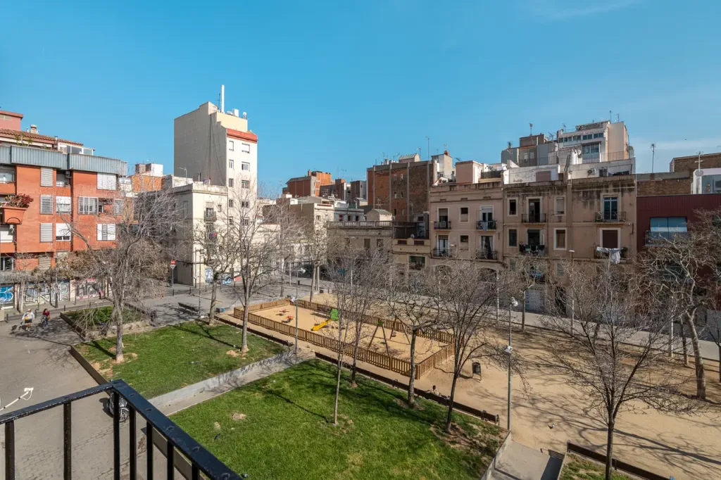 vista urbana desde balcon con arboles desnudos y edificios en dia soleado