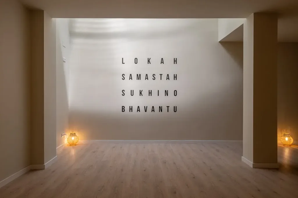 Sala de yoga con mensaje espiritual en la pared