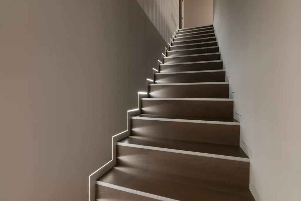 escalera moderna con iluminación en los escalones en un espacio minimalista
