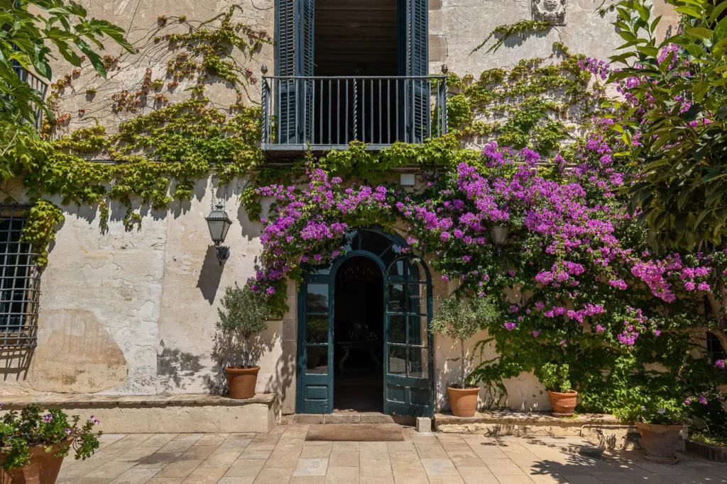 fachada de casa con balcón y flores moradas