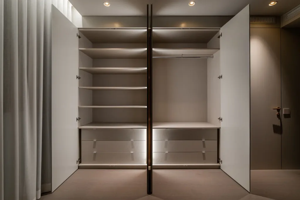 interior de armario abierto con estantes iluminados y espacio para colgar ropa