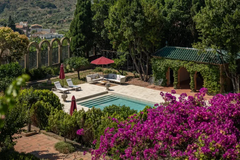 vista elevada de un jardín con piscina y vegetación abundante