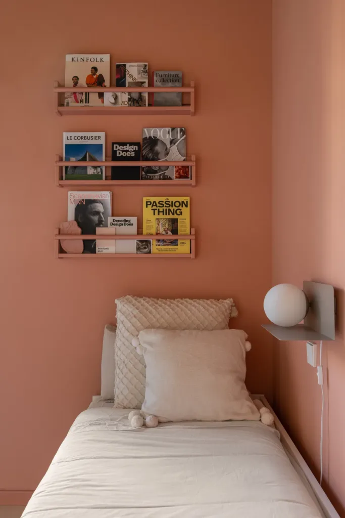 habitacion con pared color terracota y estantes de libros