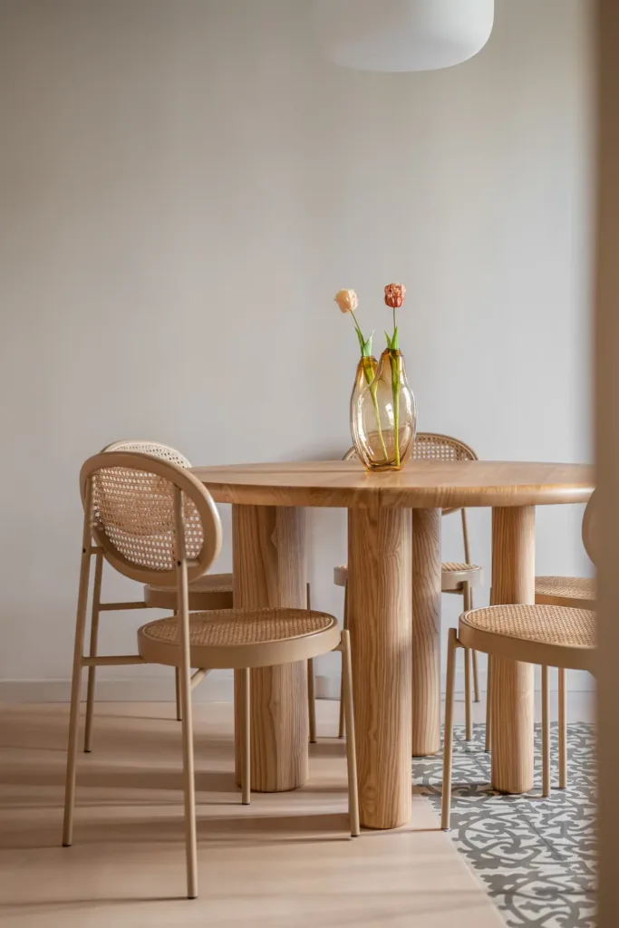 mesa de comedor con jarrón decorativo