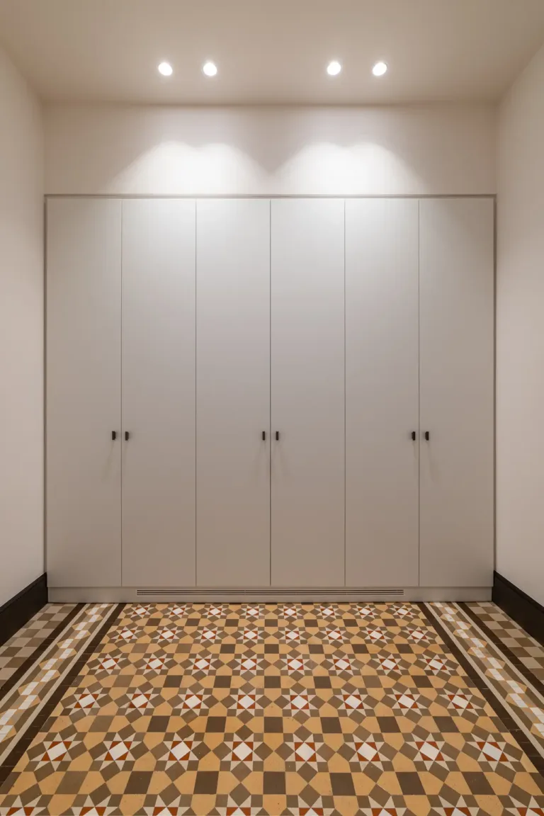 armario empotrado con puertas blancas y piso de mosaico geométrico