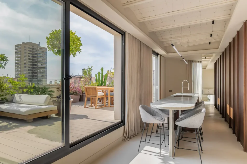 cocina y terraza moderno diseno con vista al aire libre