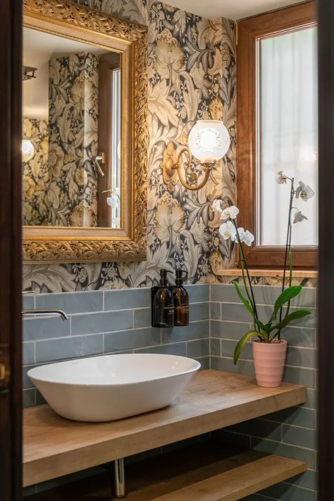 bano con papel pintado floral y lavabo moderno