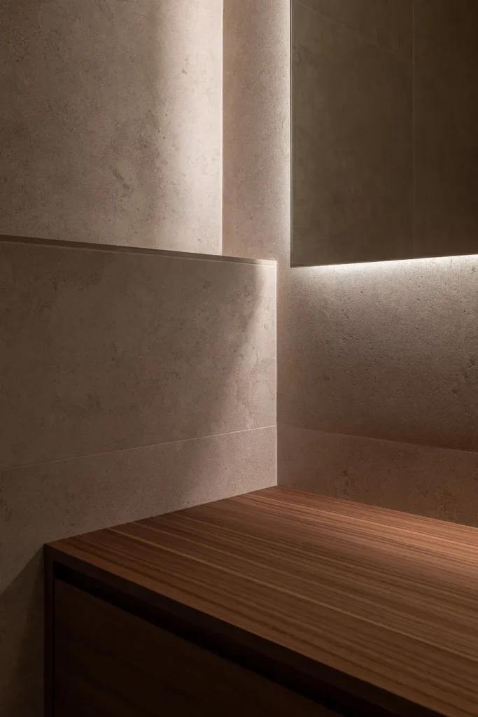 detalle de esquina de bano con iluminacion indirecta y mueble de madera