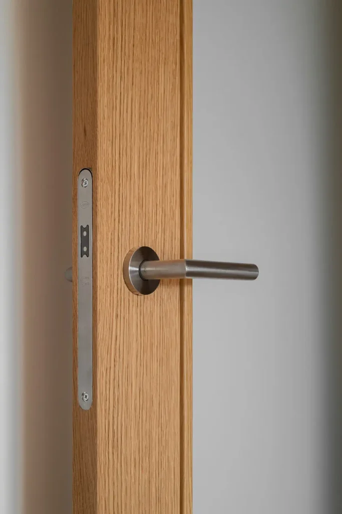 detalle de maneta de puerta en madera con acabado metalico