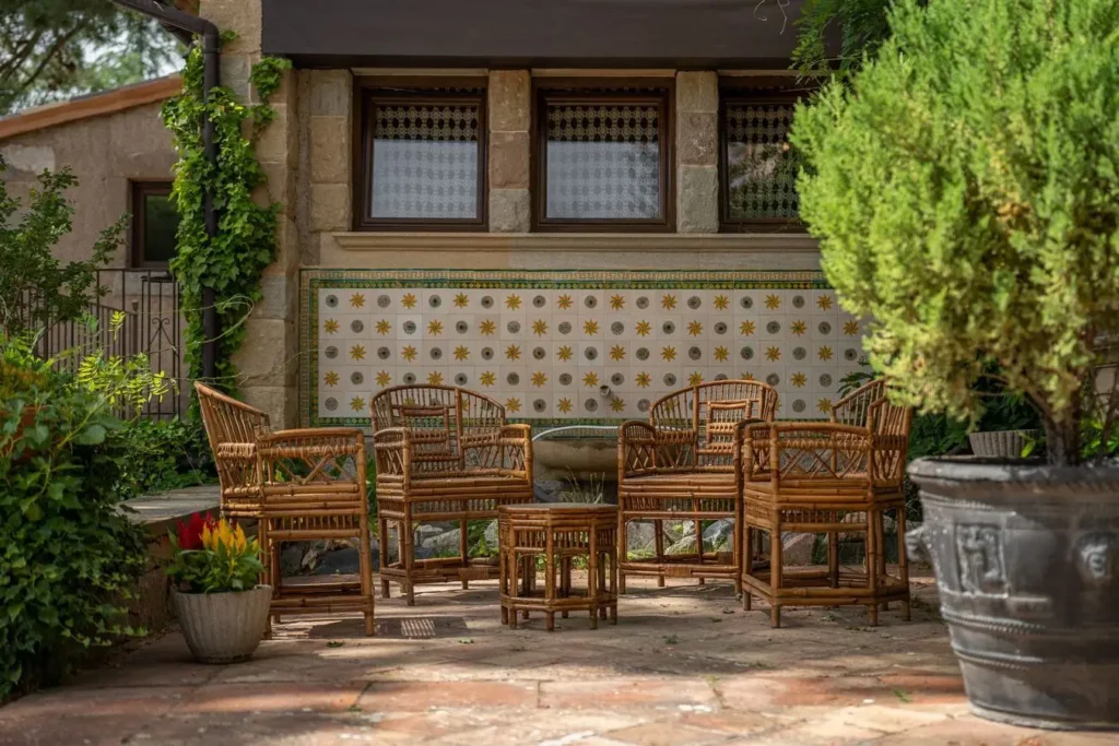 zona de estar exterior con sillas de mimbre y muro de azulejos