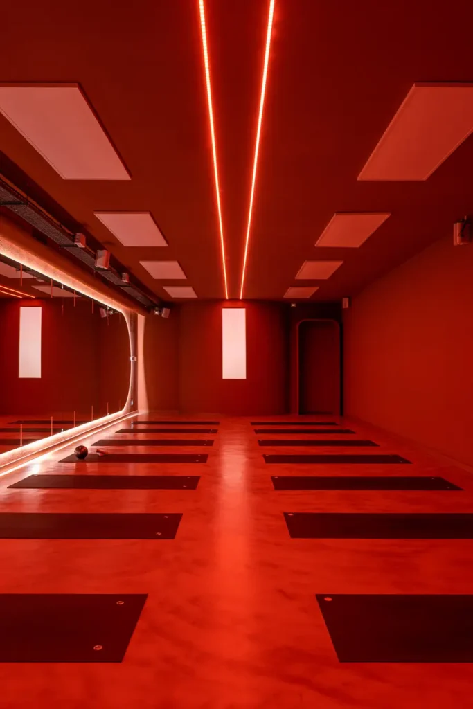 sala entrenamiento hotcore colchonetas y luces led rojas