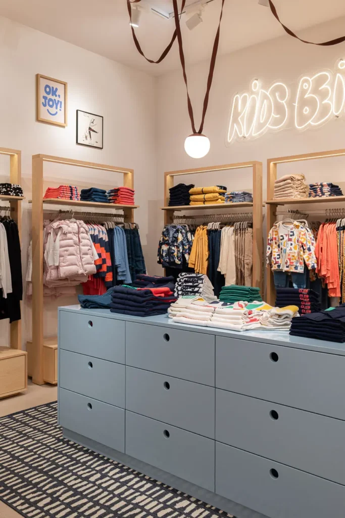 detalle de estantes con ropa infantil de colores y cuadros decorativos