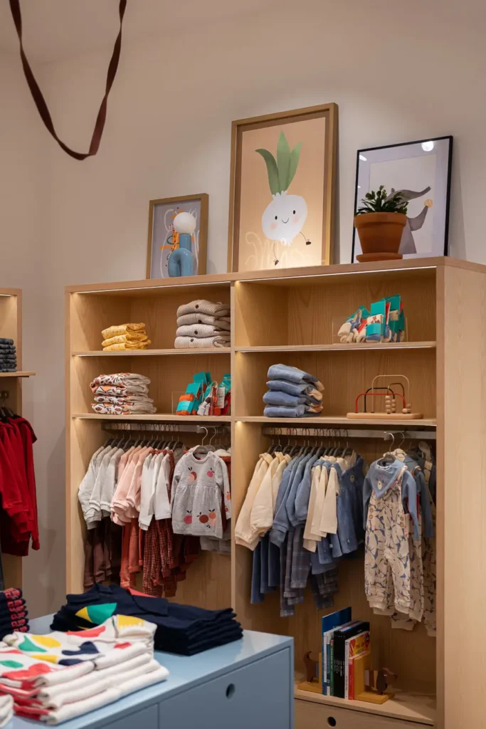 detalle de estantes con ropa infantil y cuadros decorativos