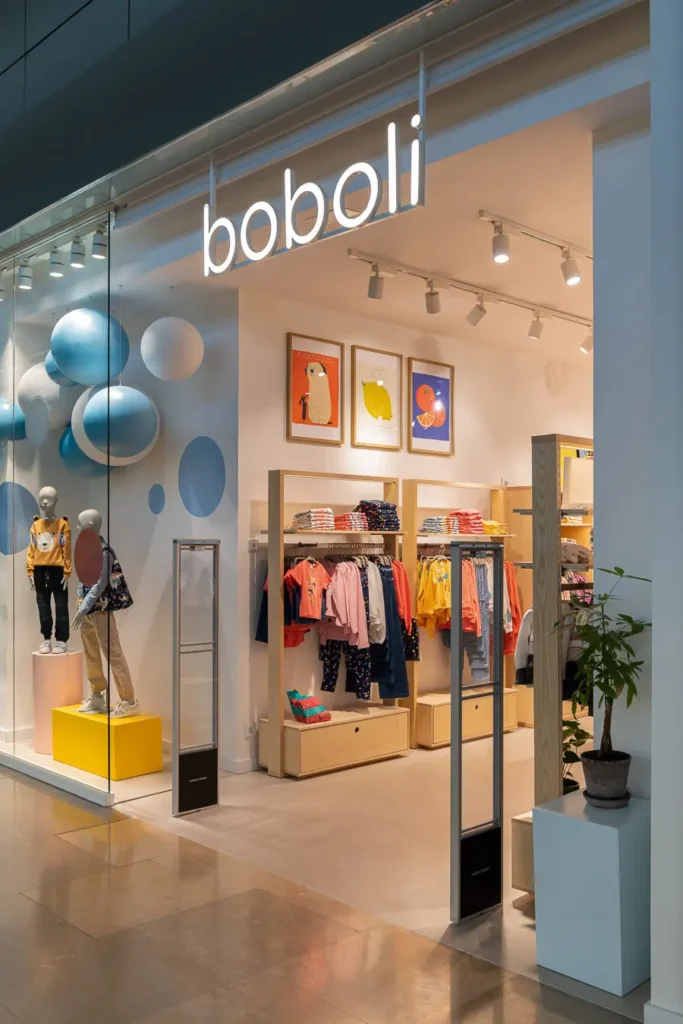 entrada de tienda infantil con carteles coloridos y ropa en exhibicion