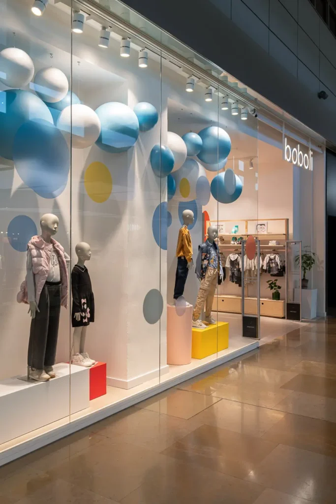 escaparate de tienda infantil con maniquies y esferas decorativas