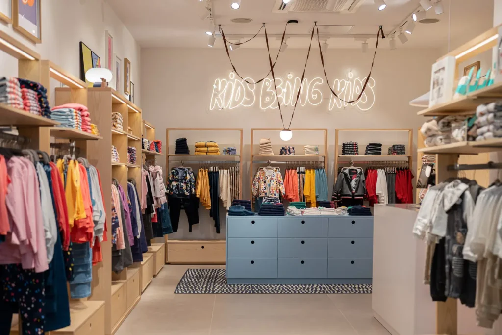 interior de tienda infantil con letrero kids being kids y ropa colorida