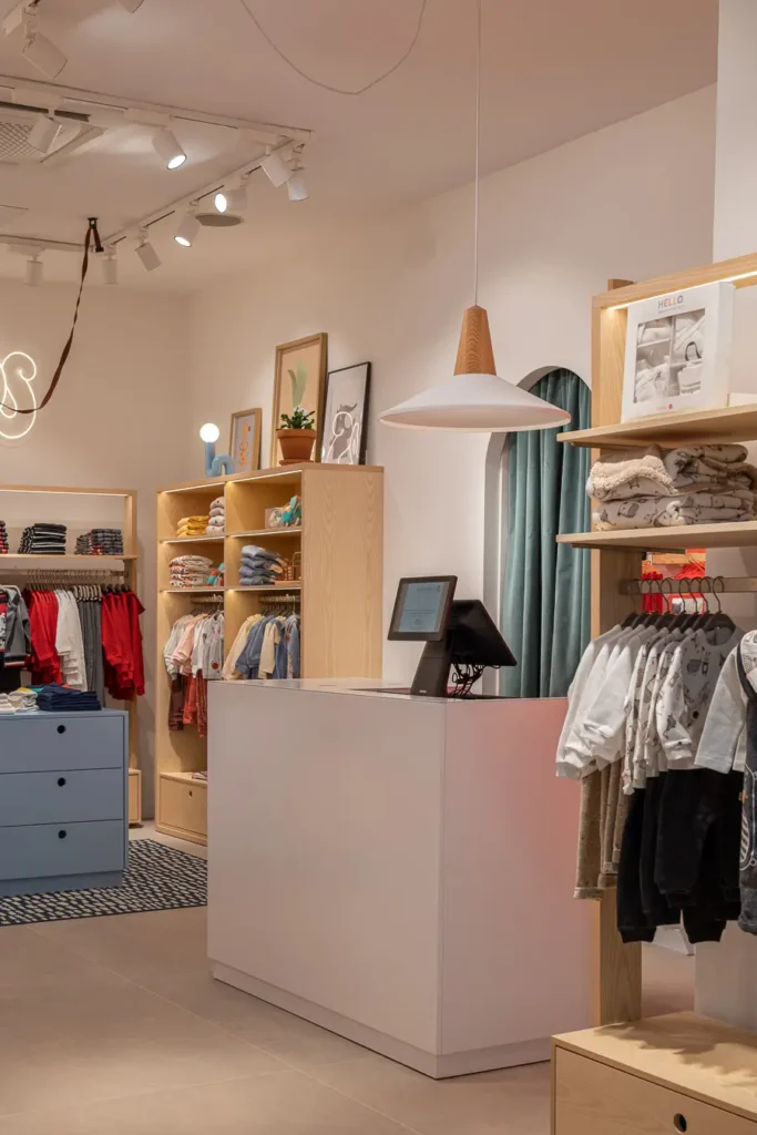 mostrador de tienda infantil con lampara y estantes de ropa