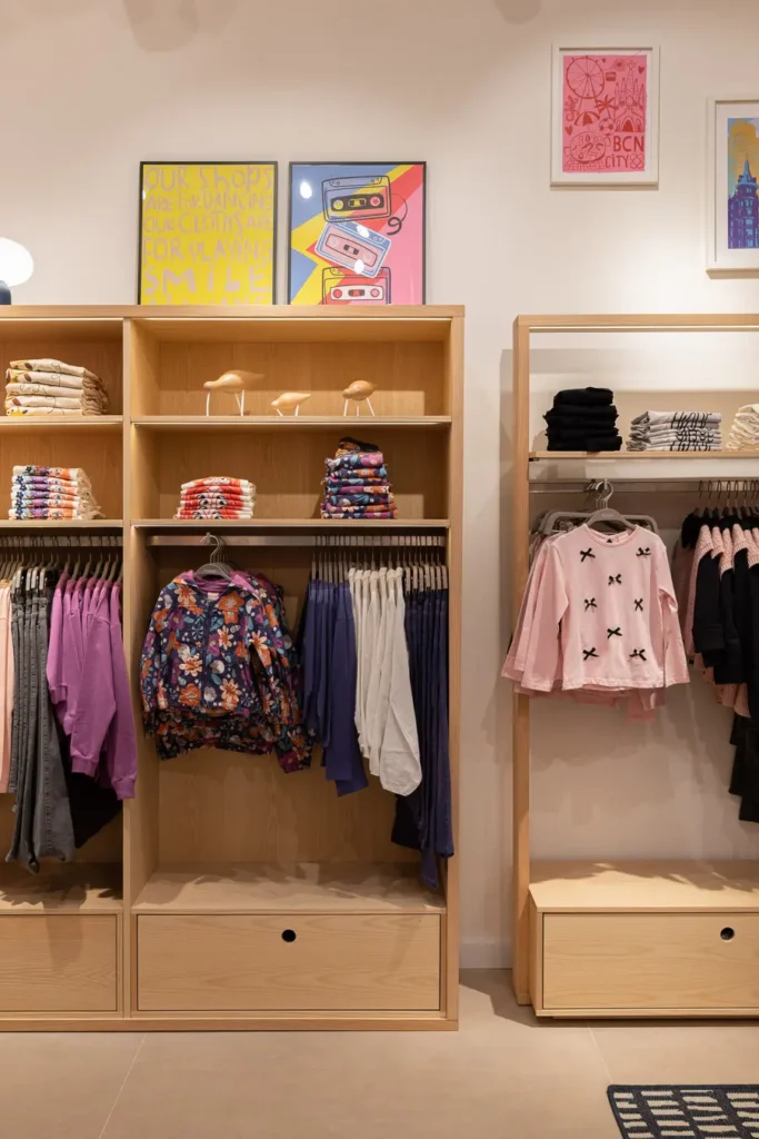 ropa infantil doblada y colgada en tienda con diseno cálido