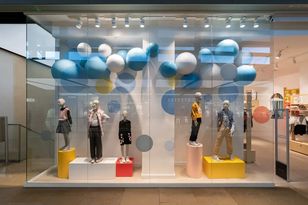 vitrina con maniquies y decoracion en tonos azules y amarillos