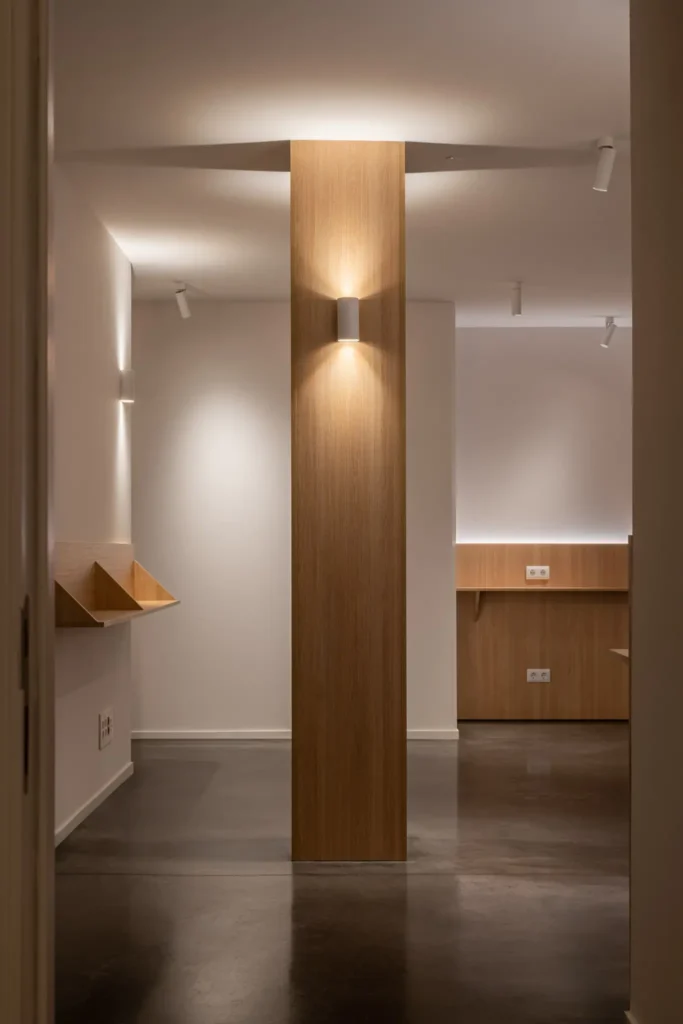 columna central iluminada en sala con escritorios de madera
