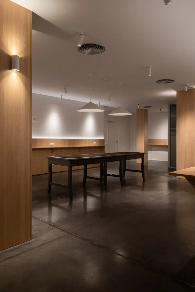 sala moderna con mesa oscura y paneles de madera clara