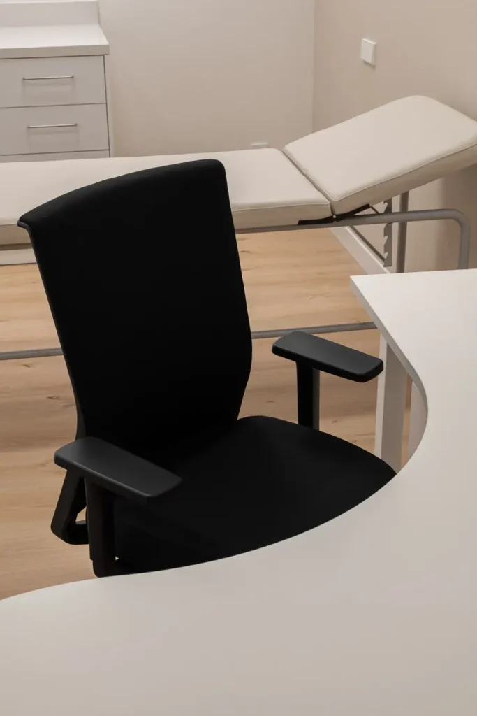 consulta medica con camilla y silla ergonomica negra