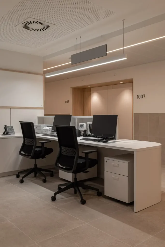 mostrador recepcion hospital moderna con ordenadores y sillas giratorias