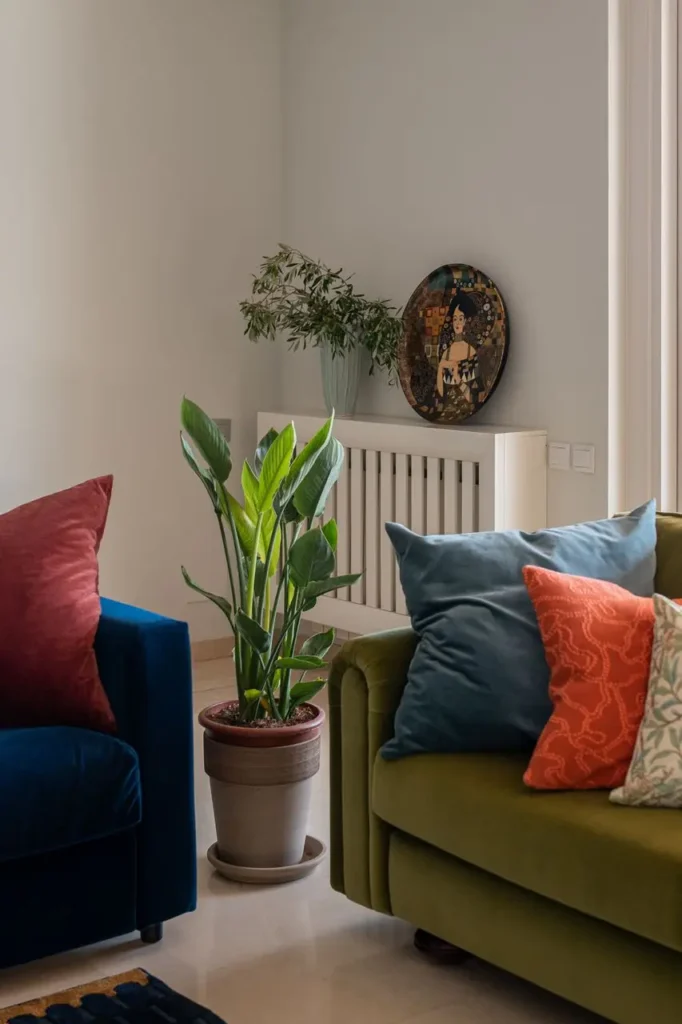 detalle decorativo con sofa colorido cojines y planta interior