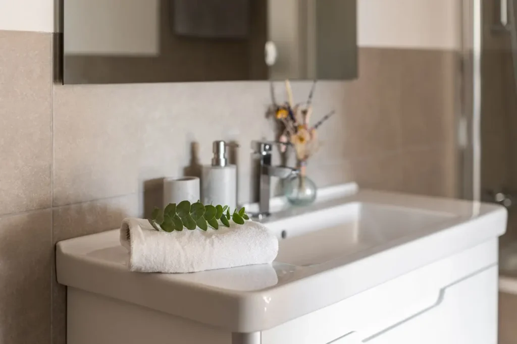 lavabo de bano moderno con toalla y plantas decorativas