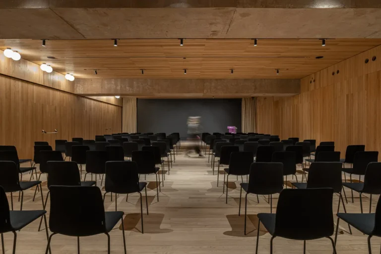 auditorio moderno sillas negras paneles madera