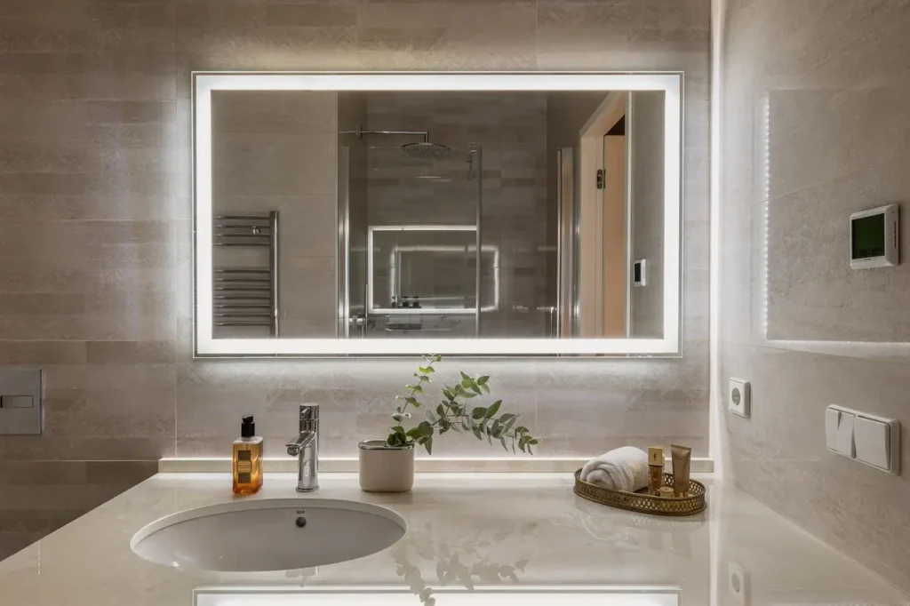 bano moderno con espejo iluminado y lavabo minimalista