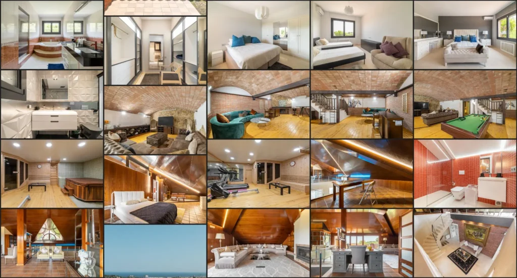 collage interiores casa lujo banos dormitorios sotano sauna gimnasio